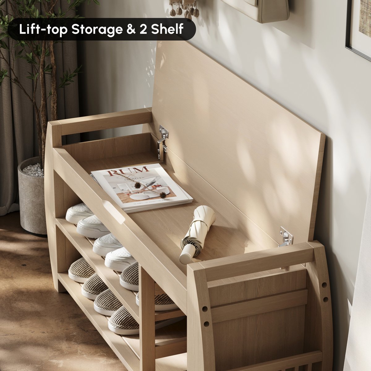 Banc d'entrée de rangement pour chaussures en placage de bois blanchi de 40'' avec étagère à chaussures image de fenêtre