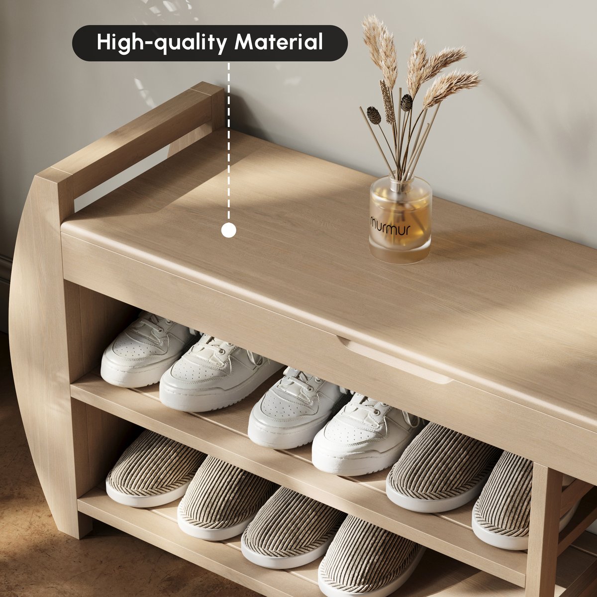 Banc d'entrée de rangement pour chaussures en placage de bois blanchi de 40'' avec étagère à chaussures image de fenêtre