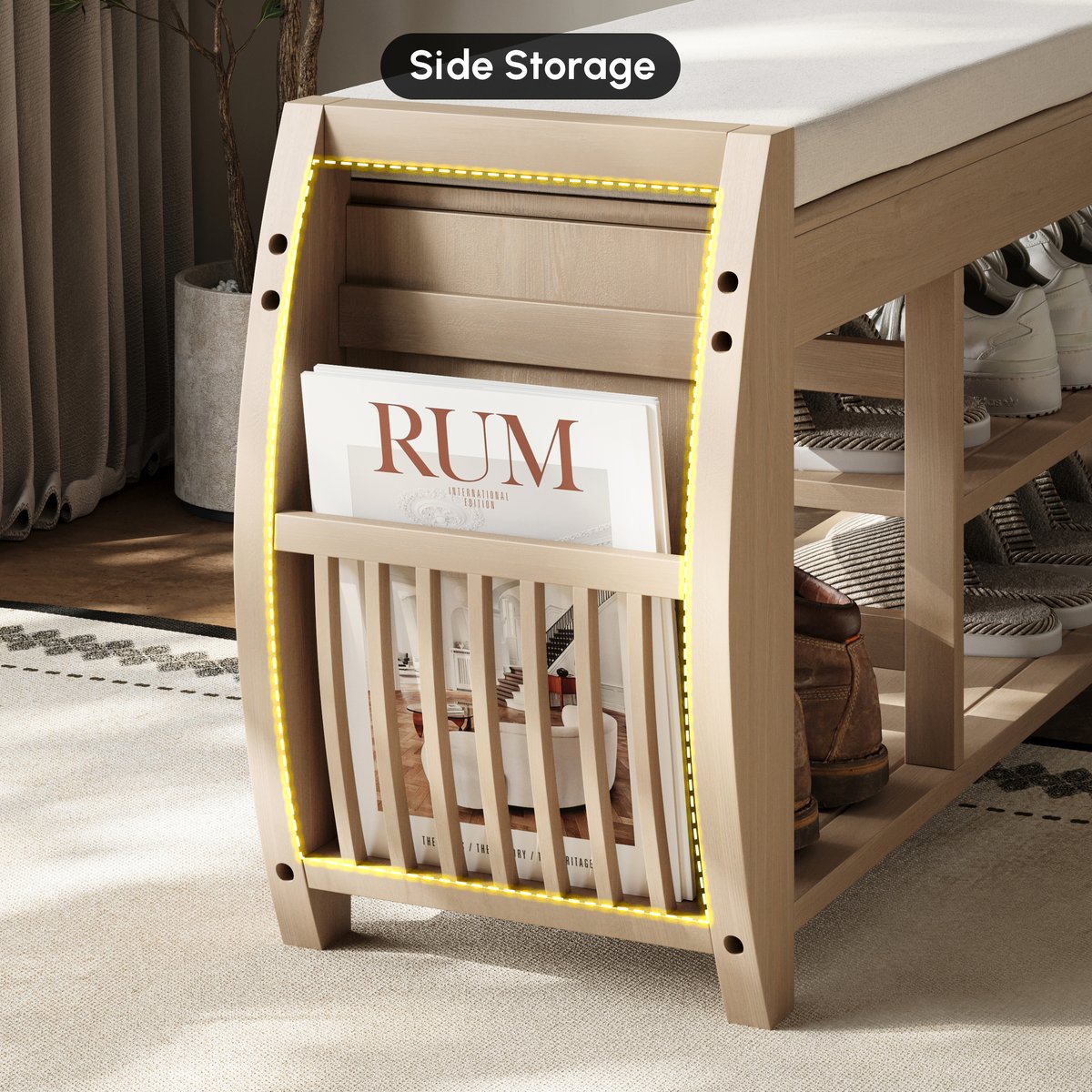 Banc d'entrée de rangement pour chaussures en placage de bois blanchi de 40'' avec étagère à chaussures image de fenêtre