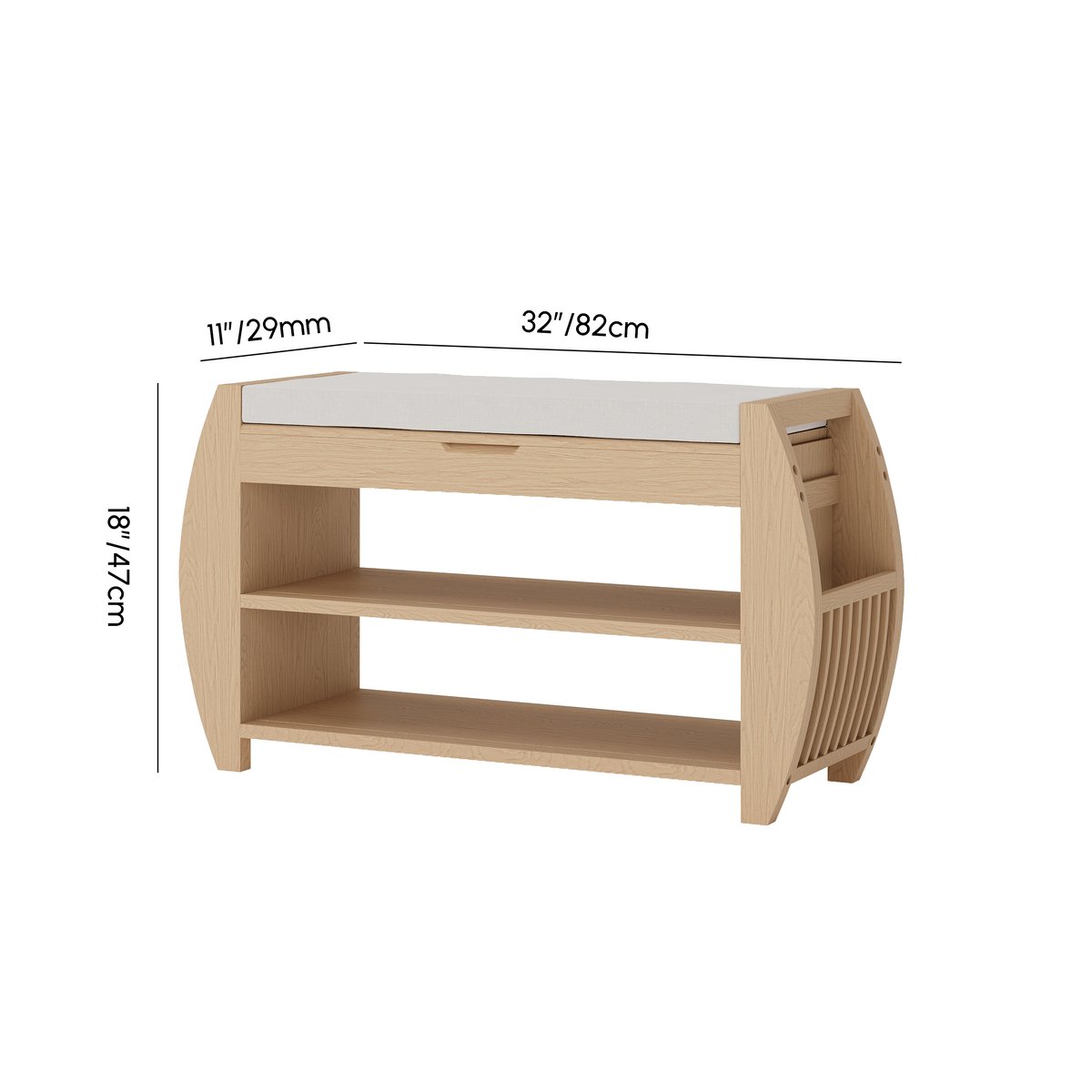 Banc d'entrée de rangement de chaussures en bois massif naturel de 32 pouces avec étagère à chaussures Poids, dimensions, image