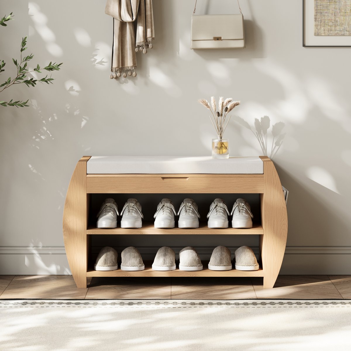 Banc d'entrée de rangement de chaussures en bois massif naturel de 32 pouces avec étagère à chaussures image de fenêtre