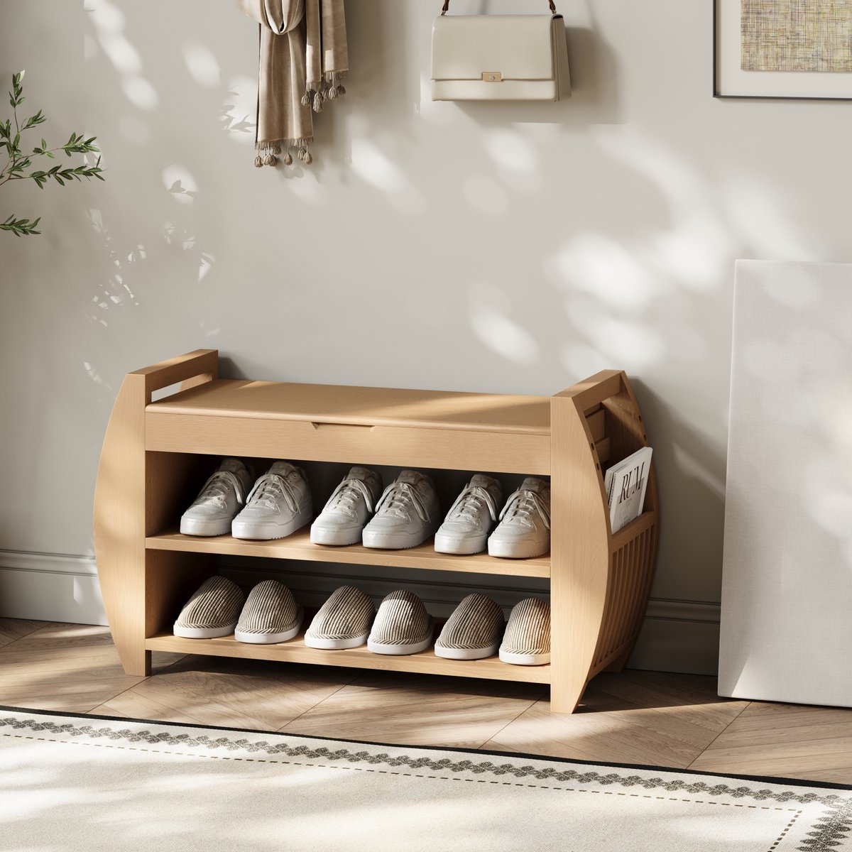 Banc d'entrée de rangement de chaussures en bois massif naturel de 32 pouces avec étagère à chaussures image de fenêtre