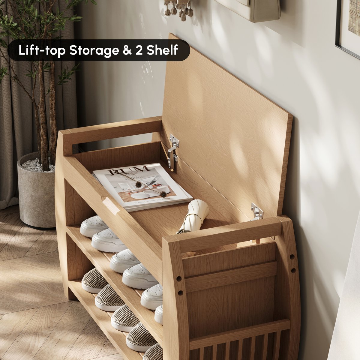 Banc d'entrée de rangement de chaussures en bois massif naturel de 32 pouces avec étagère à chaussures image de fenêtre