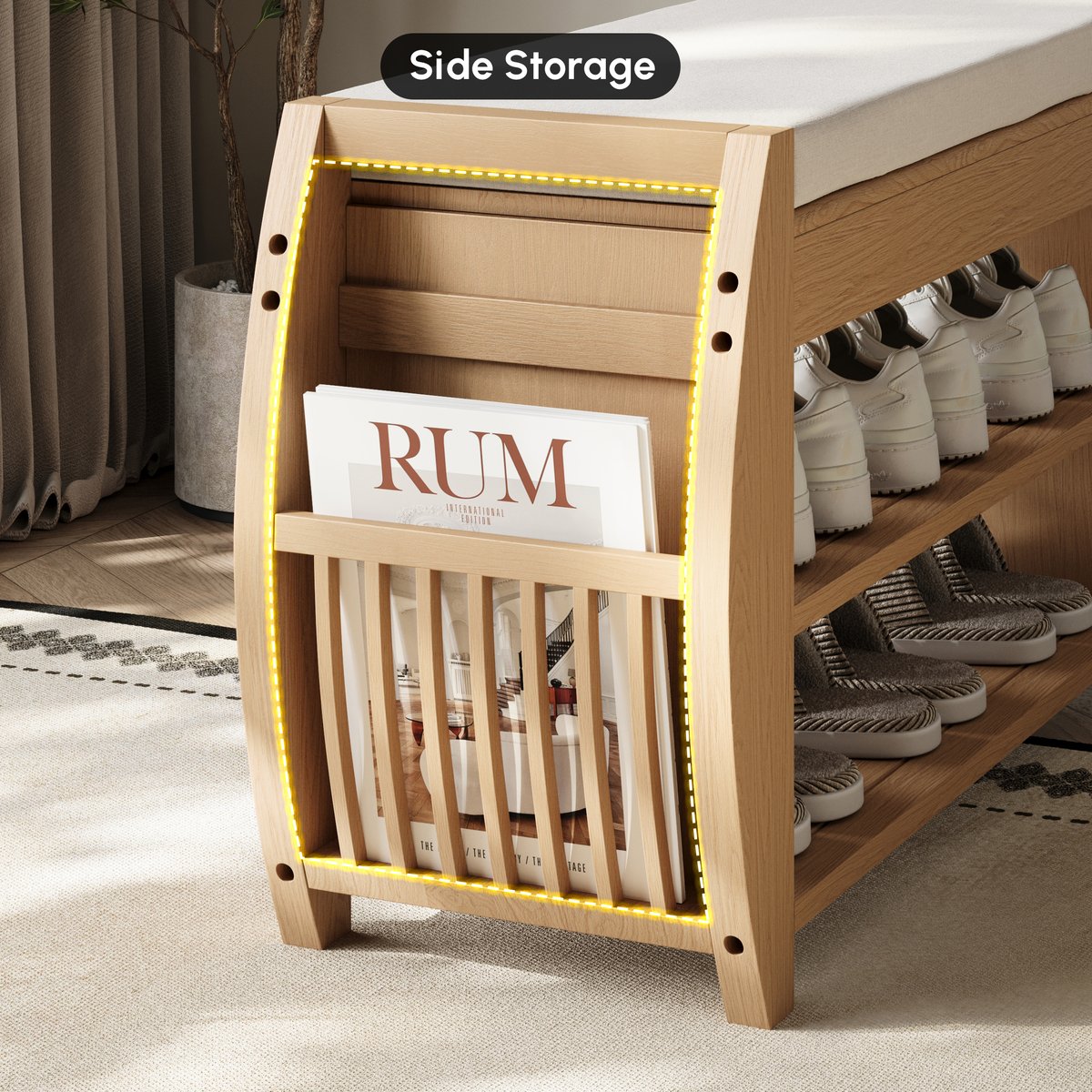 Banc d'entrée de rangement de chaussures en bois massif naturel de 32 pouces avec étagère à chaussures image de fenêtre