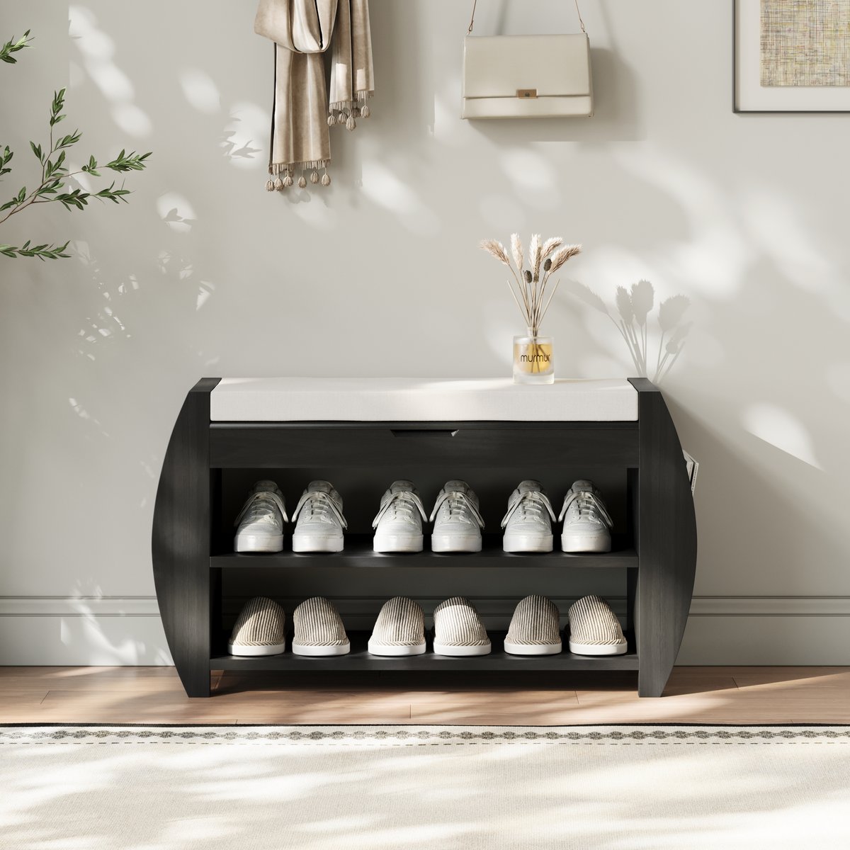 Banc d'entrée de rangement de chaussures noir en bois massif de 81 cm avec étagère à chaussures image de fenêtre