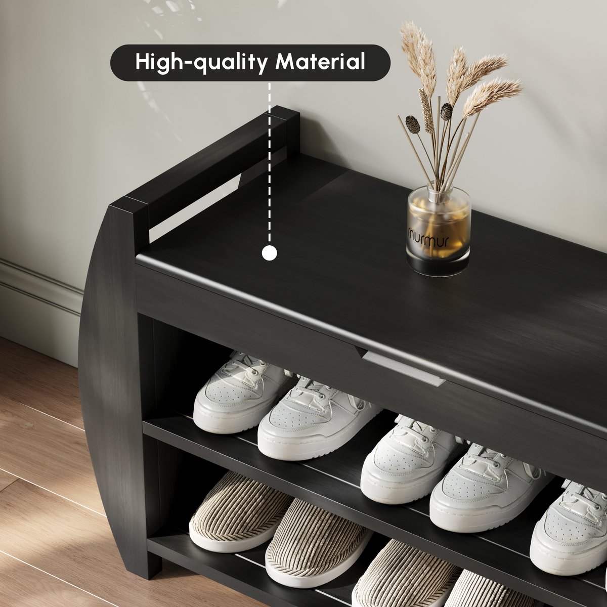 Banc d'entrée de rangement de chaussures noir en bois massif de 81 cm avec étagère à chaussures image de fenêtre