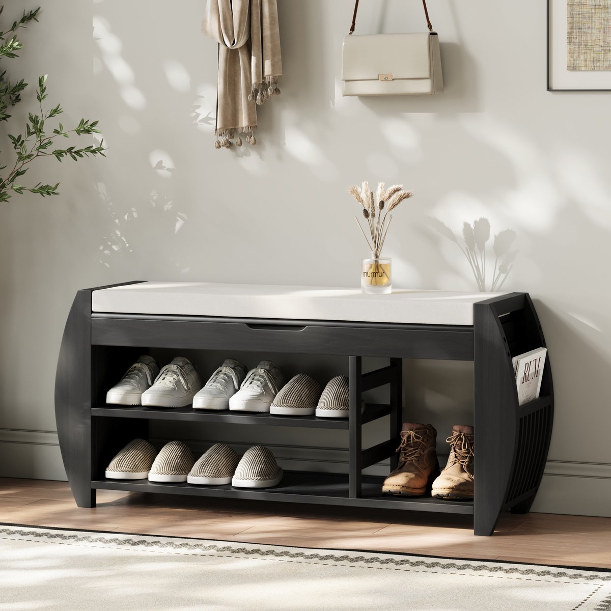 Banc d'entrée de 40 pouces en bois massif noir avec rangement pour chaussures et porte-chaussures image de fenêtre