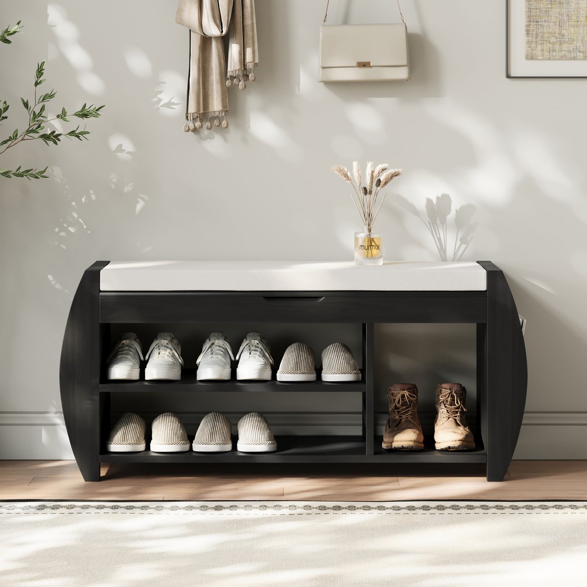 Banc d'entrée de 40 pouces en bois massif noir avec rangement pour chaussures et porte-chaussures image de fenêtre