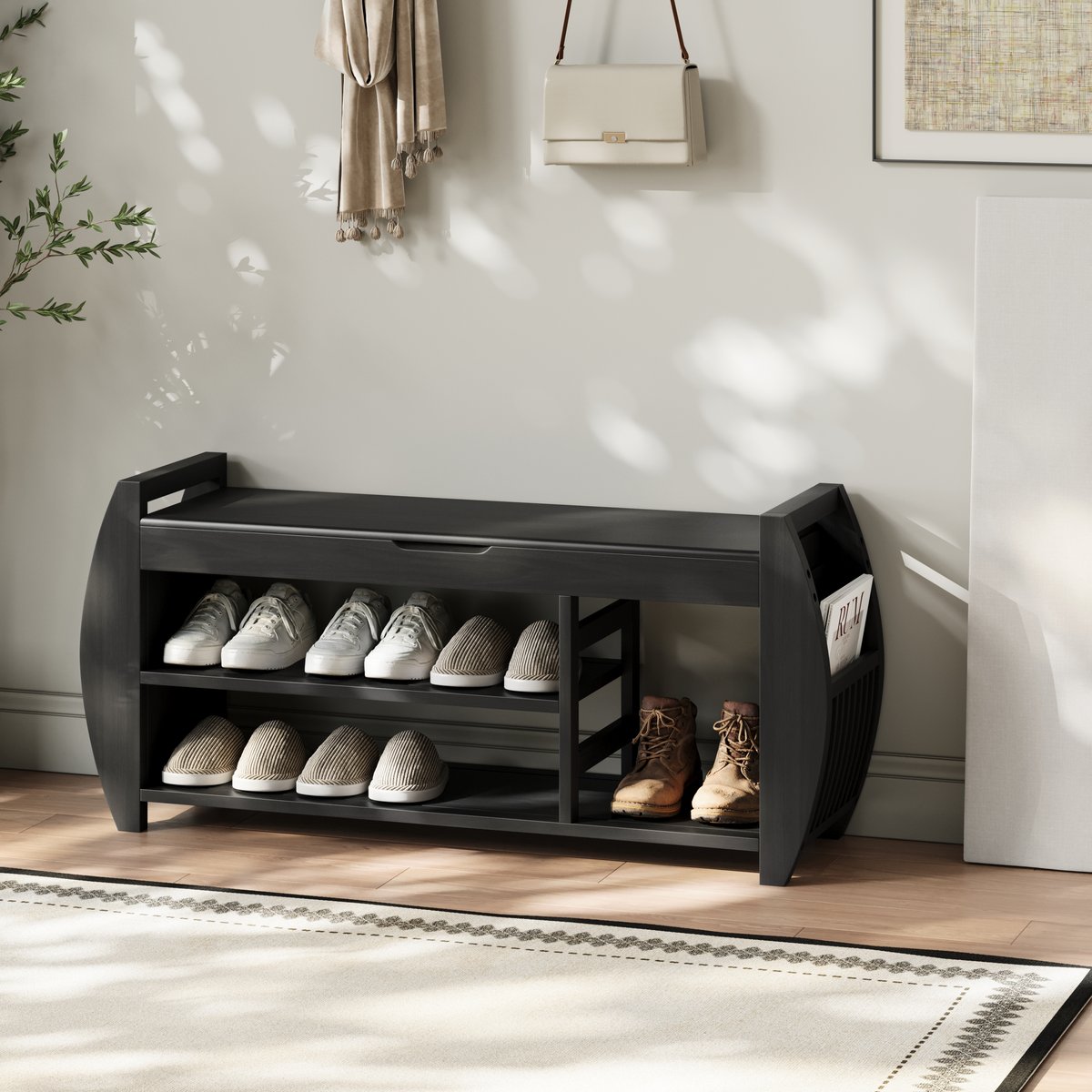 Banc d'entrée de 40 pouces en bois massif noir avec rangement pour chaussures et porte-chaussures image de fenêtre