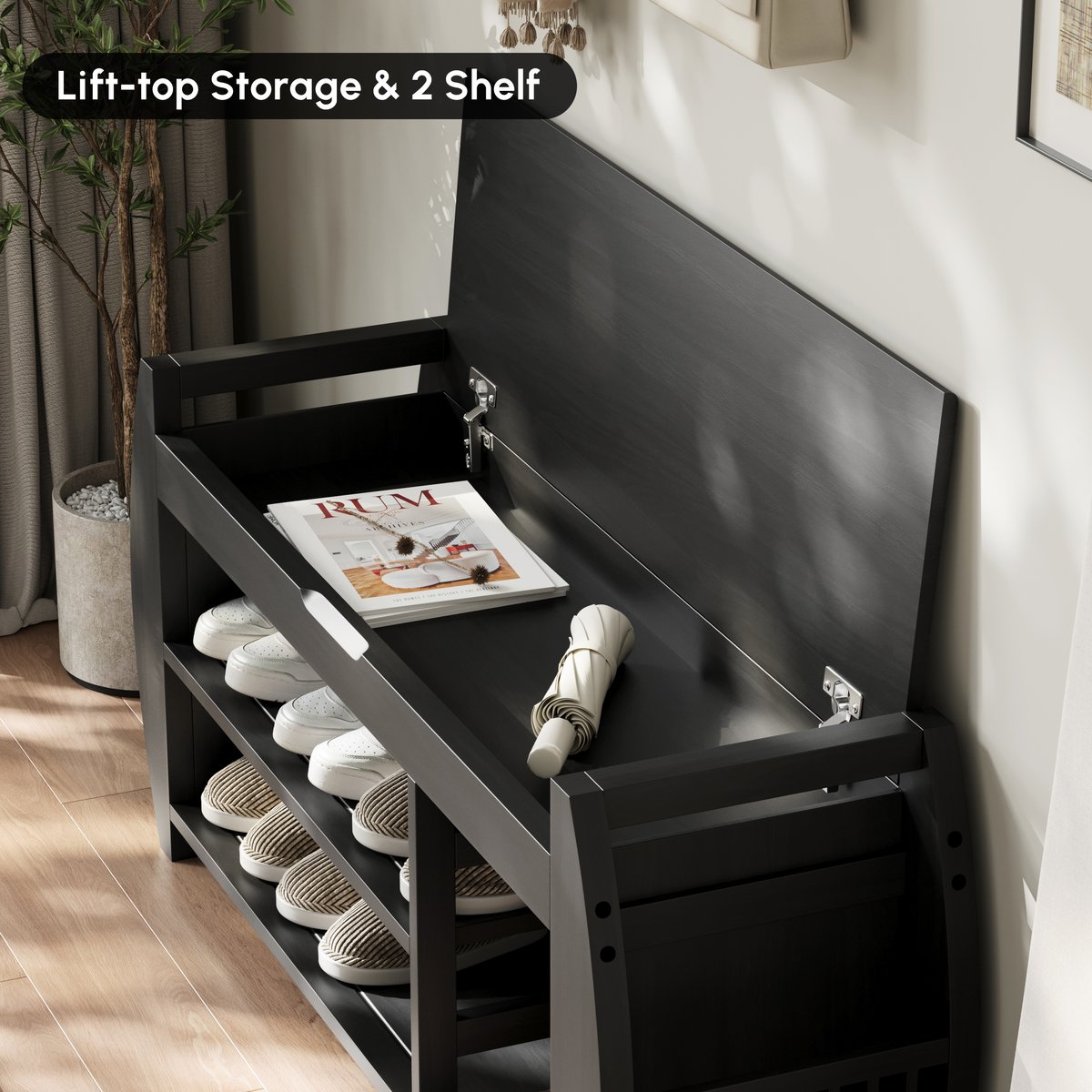 Banc d'entrée de 40 pouces en bois massif noir avec rangement pour chaussures et porte-chaussures image de fenêtre