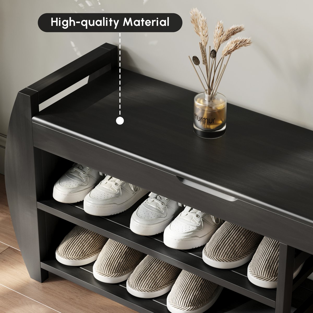 Banc d'entrée de 40 pouces en bois massif noir avec rangement pour chaussures et porte-chaussures image de fenêtre