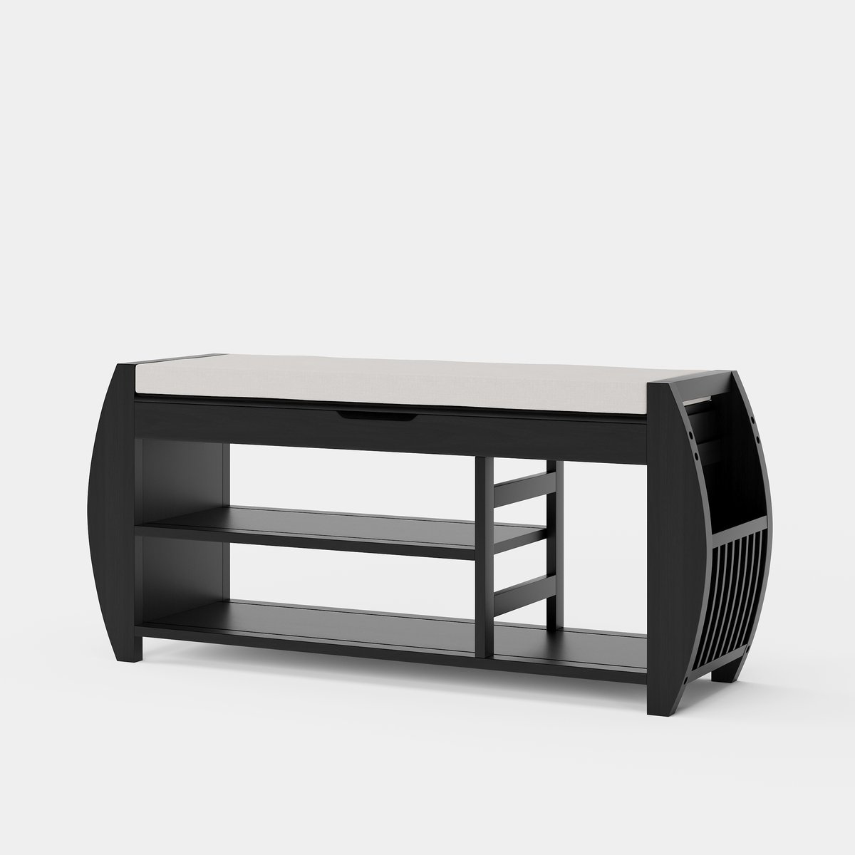 Banc d'entrée de 40 pouces en bois massif noir avec rangement pour chaussures et porte-chaussures image de fenêtre