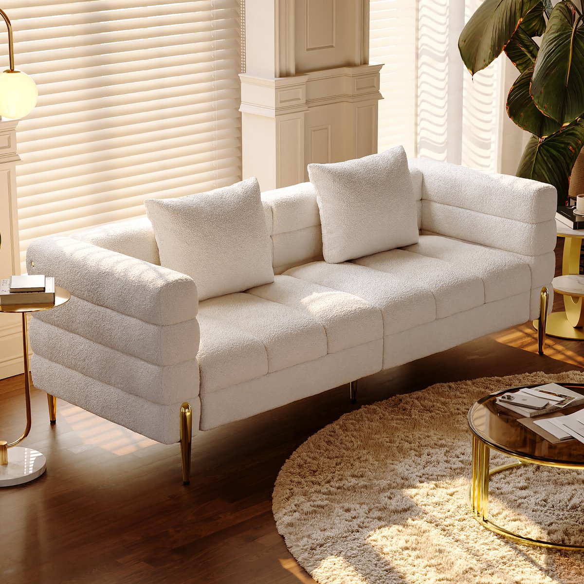 Canapé 200 cm Axial en bouclée avec pieds dorés et coussins, Lot de 2 image de fenêtre