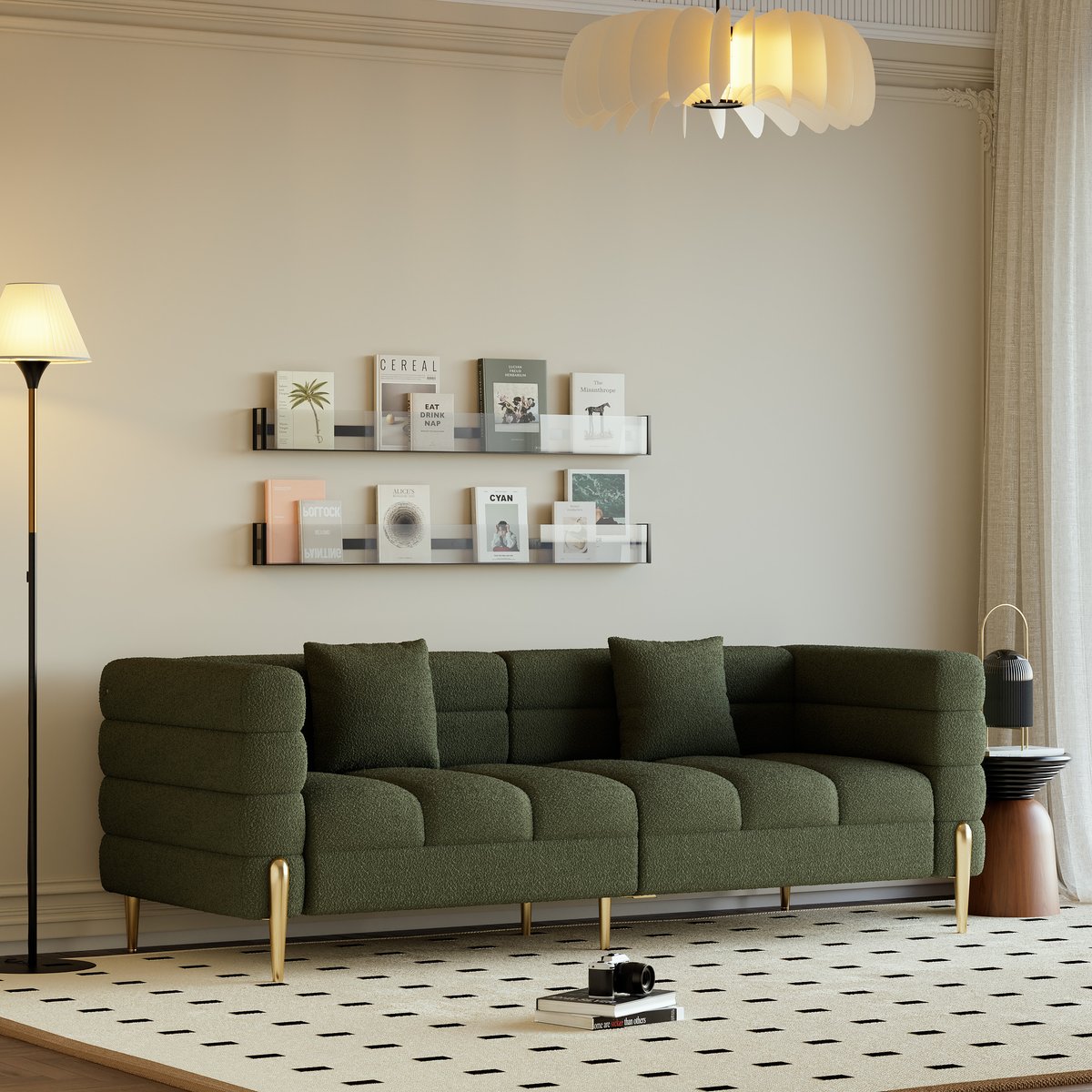 Canapé 200 cm Axial en bouclée avec pieds dorés et coussins image de fenêtre