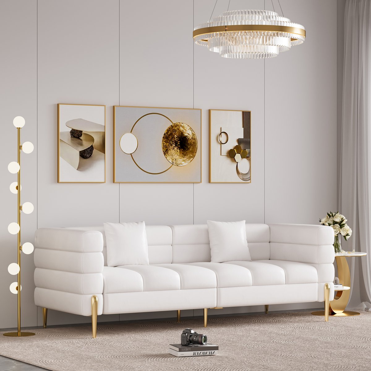 Canapé 200 cm Axial en cuir synthétique avec pieds dorés et coussins image de fenêtre