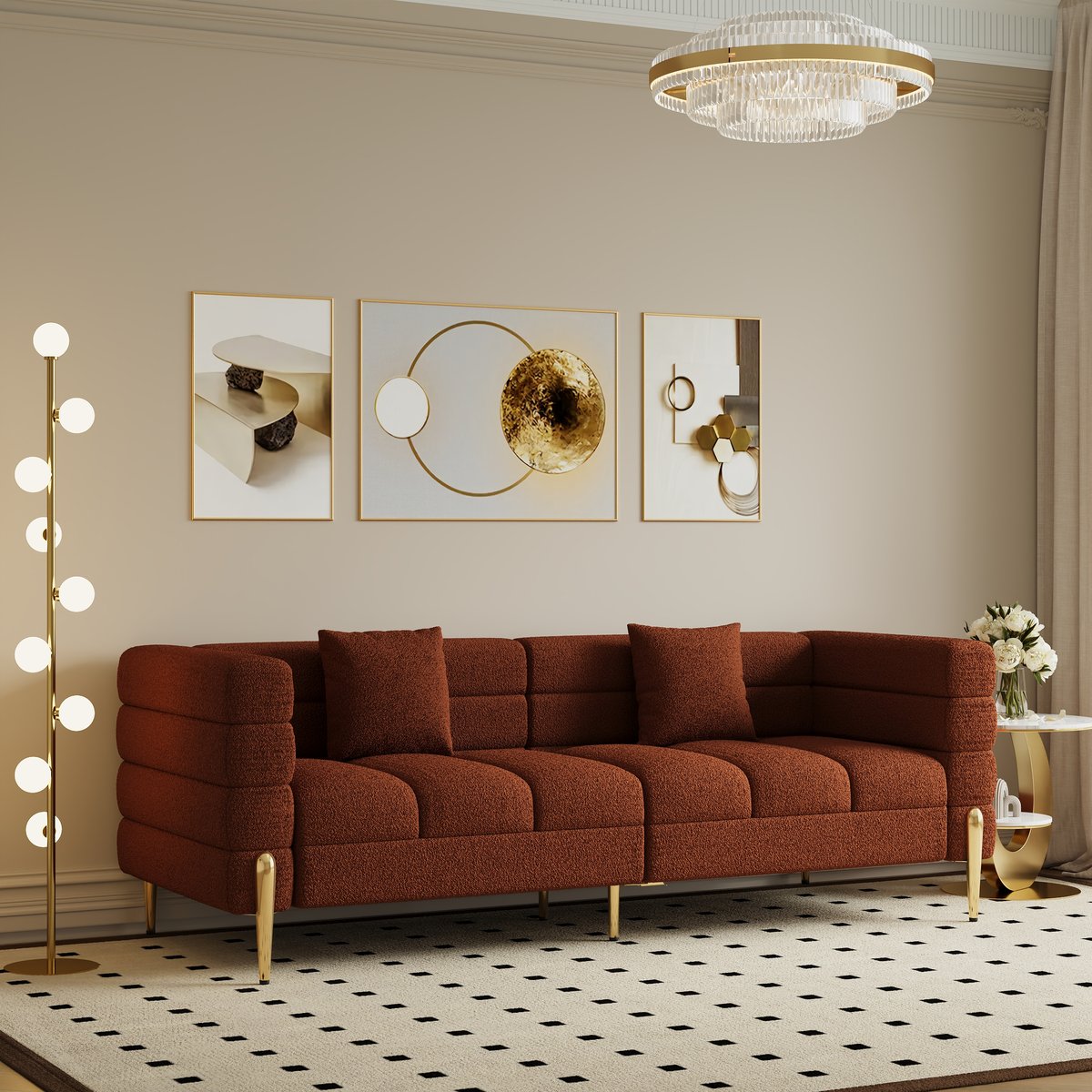 Canapé 200 cm Axial en bouclette avec pieds dorés et coussins image de fenêtre