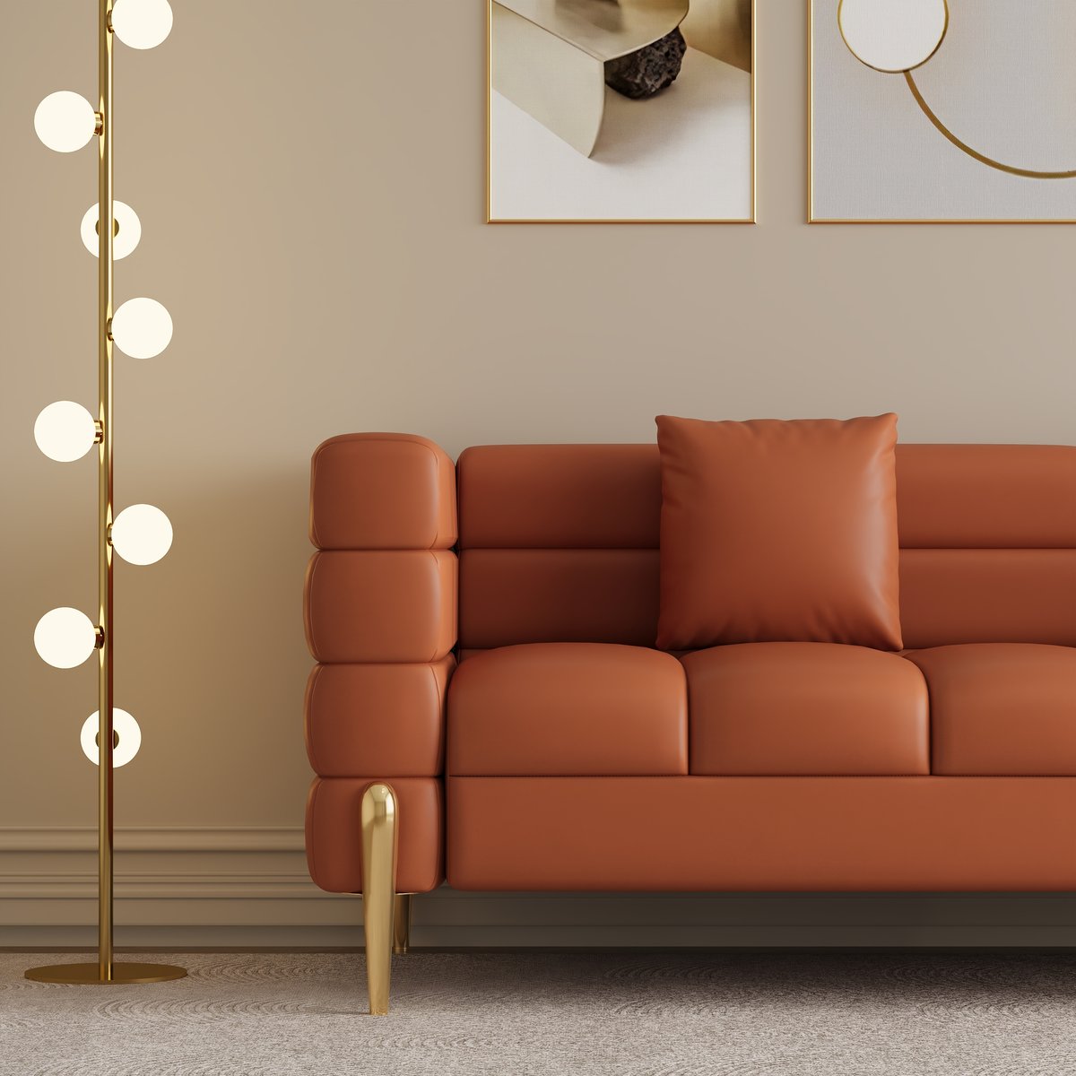 Canapé 200 cm Axial en cuir synthétique avec pieds dorés et coussins image de fenêtre
