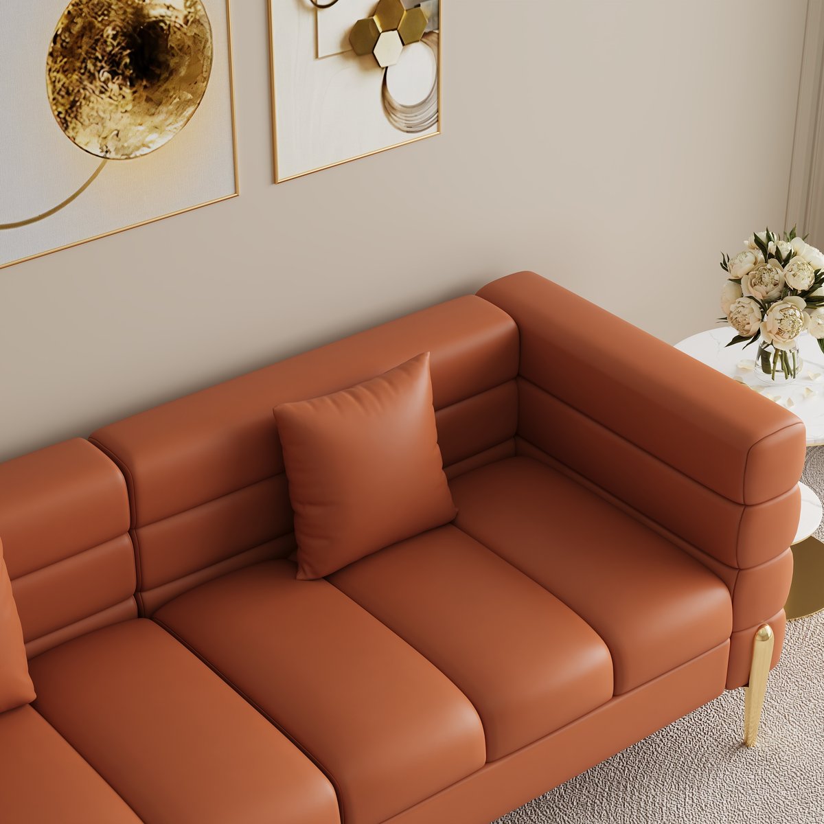 Canapé 200 cm Axial en cuir synthétique avec pieds dorés et coussins image de fenêtre