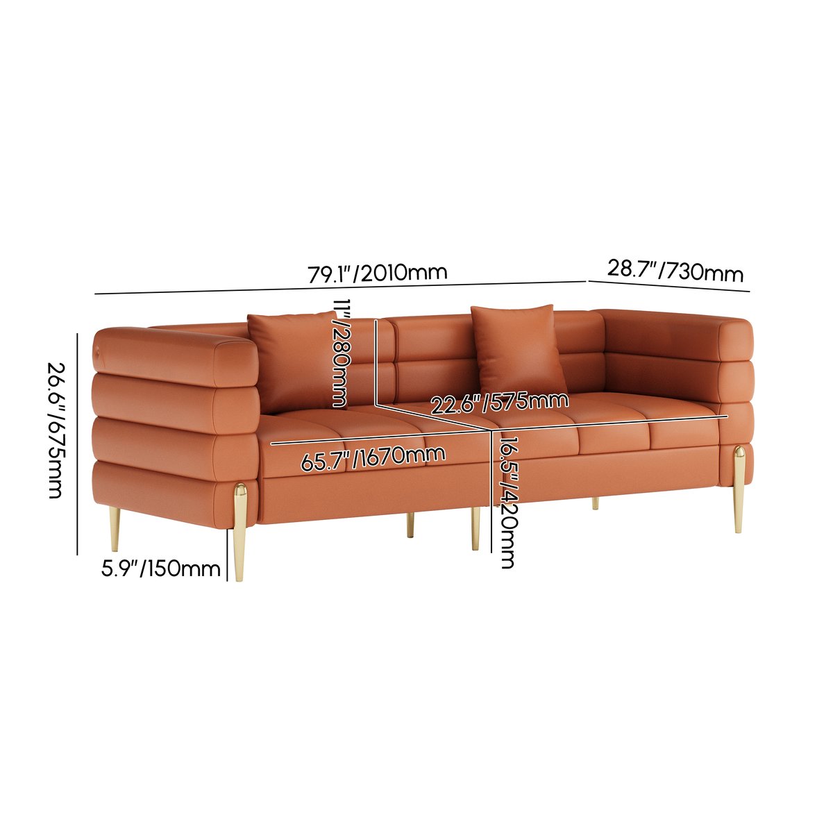 Canapé 200 cm Axial en cuir synthétique avec pieds dorés et coussins Poids, dimensions, image