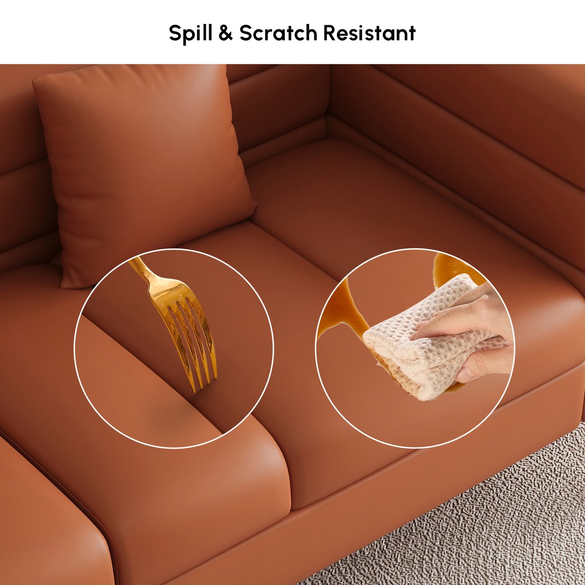 Canapé 200 cm Axial en cuir synthétique avec pieds dorés et coussins image de fenêtre