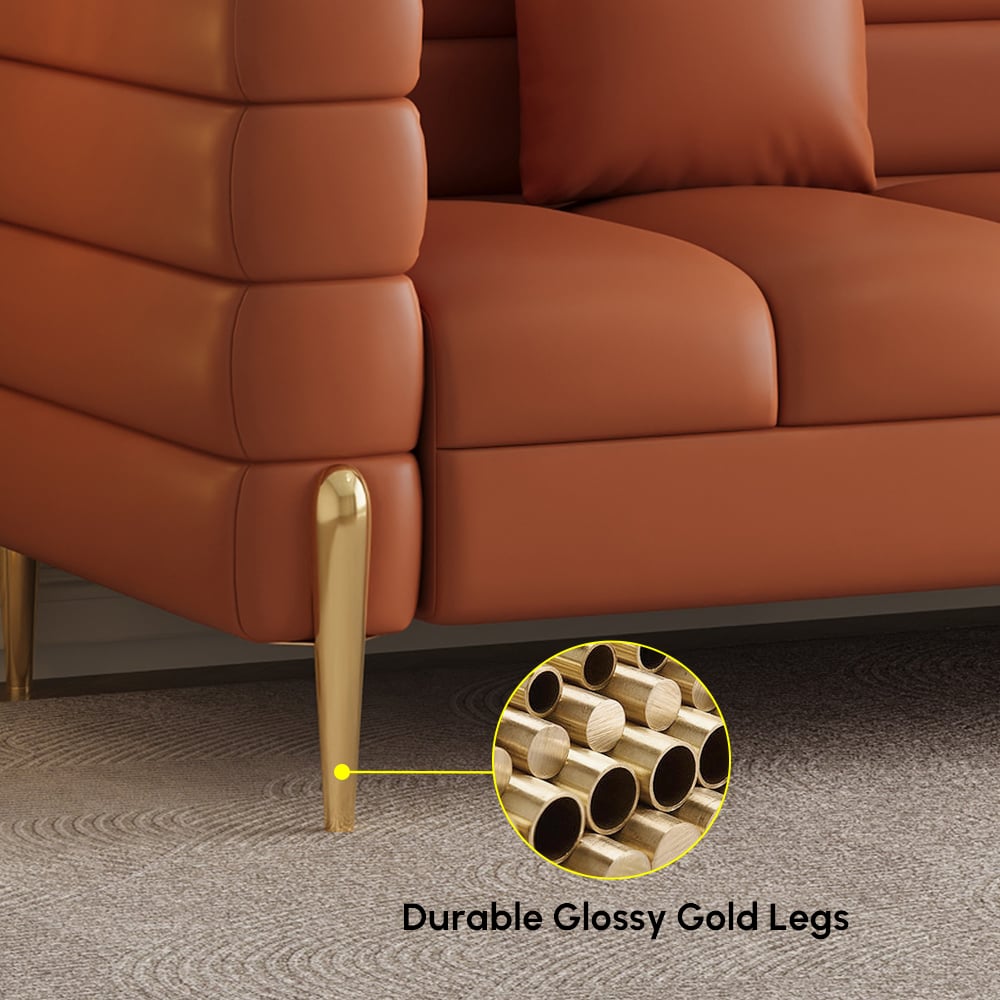 Canapé 200 cm Axial en cuir synthétique avec pieds dorés et coussins image de fenêtre