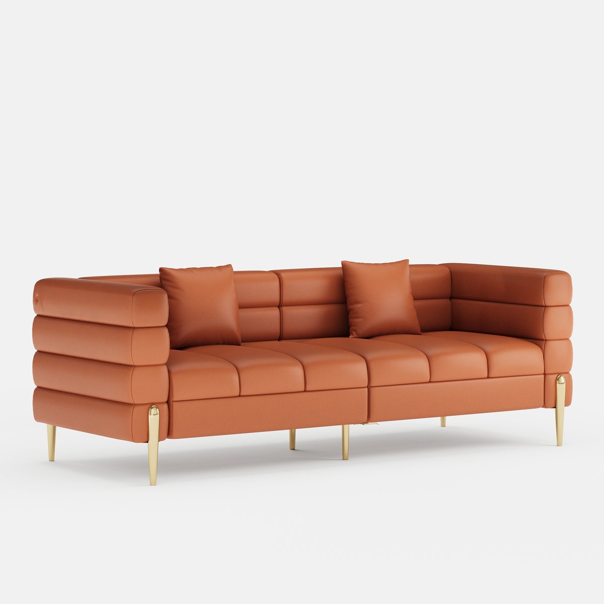 Canapé 200 cm Axial en cuir synthétique avec pieds dorés et coussins image de fenêtre