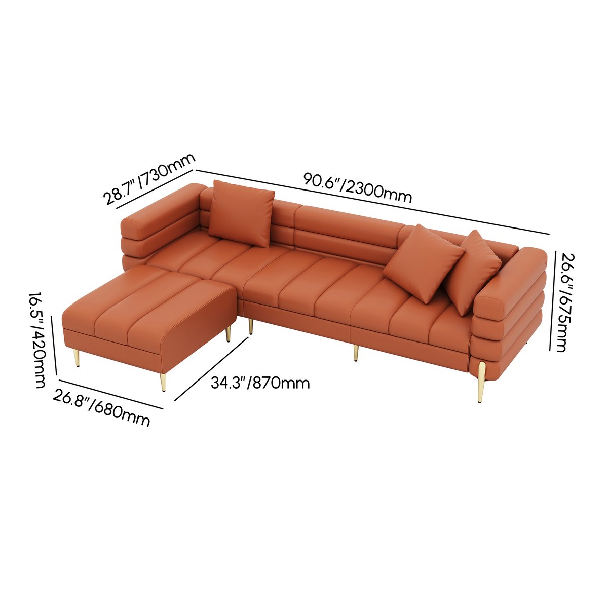 Axial Canapé d'angle en cuir performance 2 pièces de 231 cm avec ottoman, pieds dorés et oreillers Poids, dimensions, image