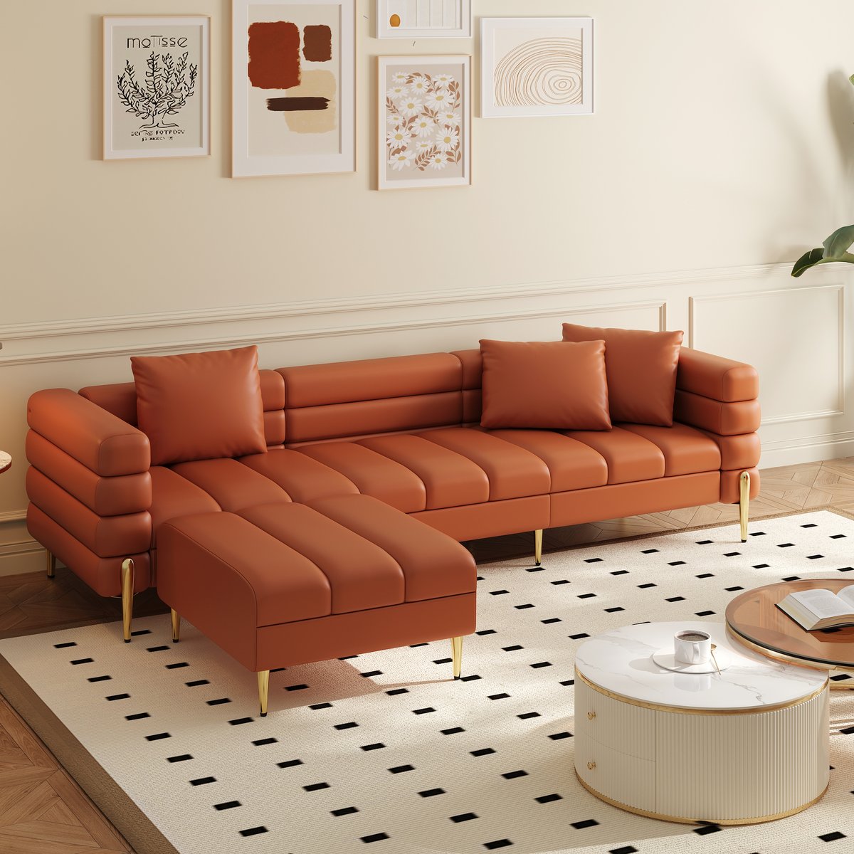 Canapé sectionnel Axial de 231 cm en cuir performant 2 pièces avec pouf, pieds dorés et oreillers image de fenêtre
