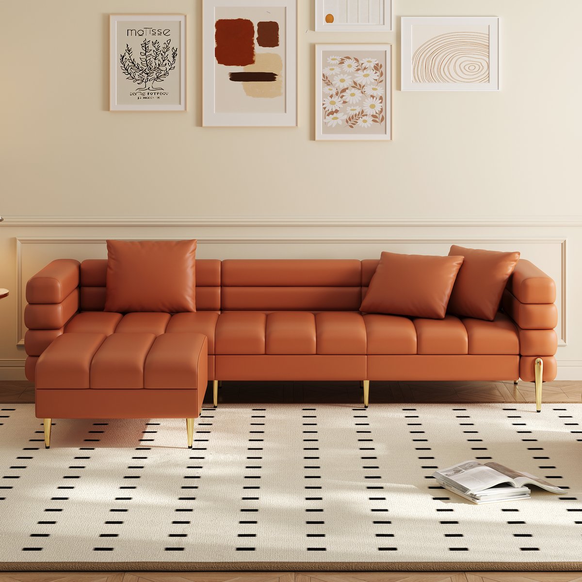 Canapé sectionnel Axial de 231 cm en cuir performant 2 pièces avec pouf, pieds dorés et oreillers image de fenêtre