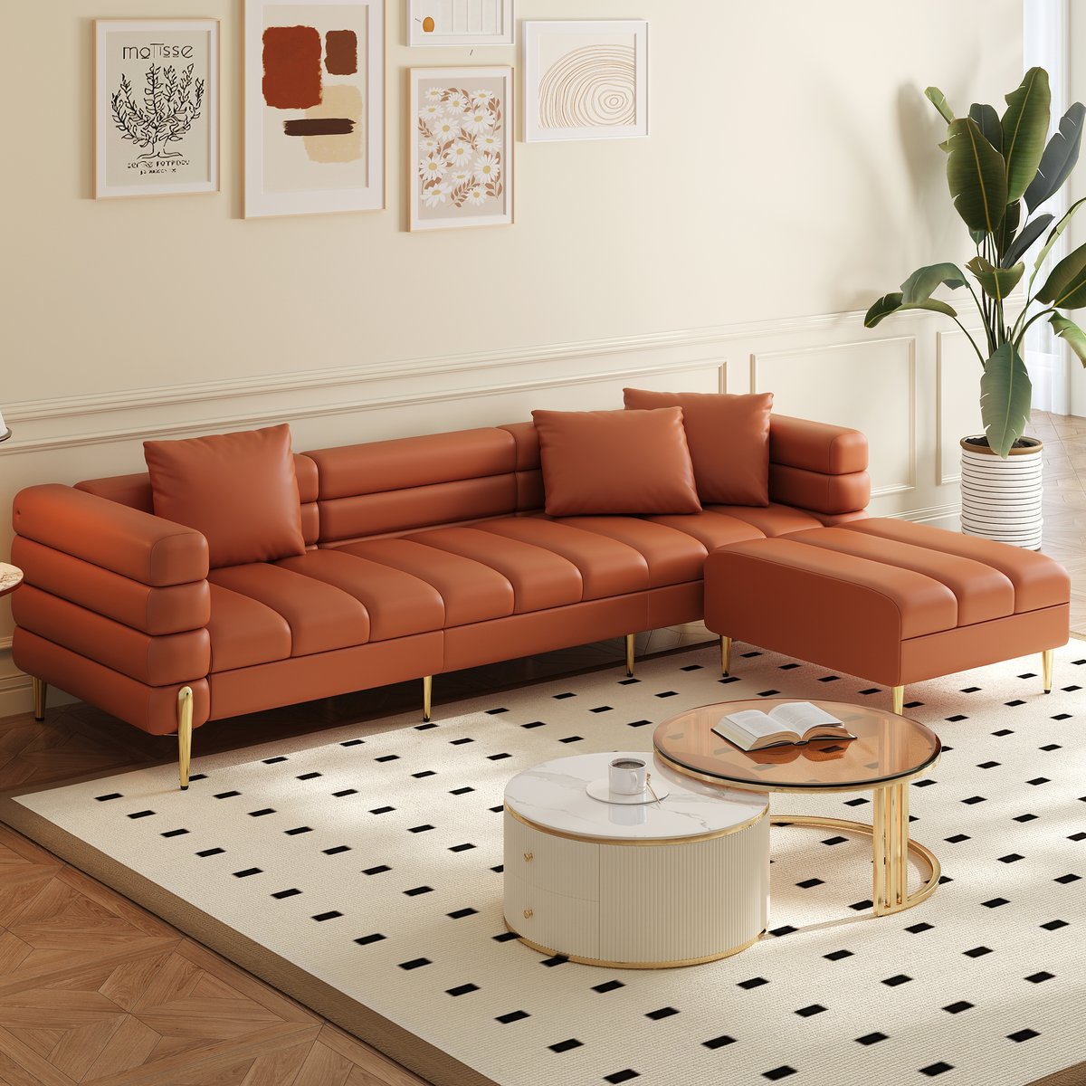 Canapé sectionnel Axial de 231 cm en cuir performant 2 pièces avec pouf, pieds dorés et oreillers image de fenêtre
