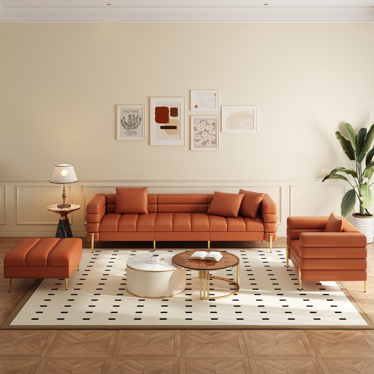 Canapé sectionnel Axial de 231 cm en cuir performant 2 pièces avec pouf, pieds dorés et oreillers image de fenêtre