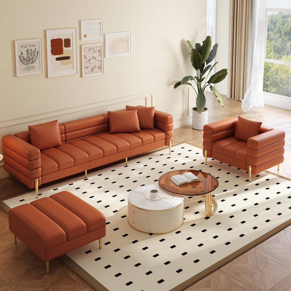 Canapé sectionnel Axial de 231 cm en cuir performant 2 pièces avec pouf, pieds dorés et oreillers image de fenêtre