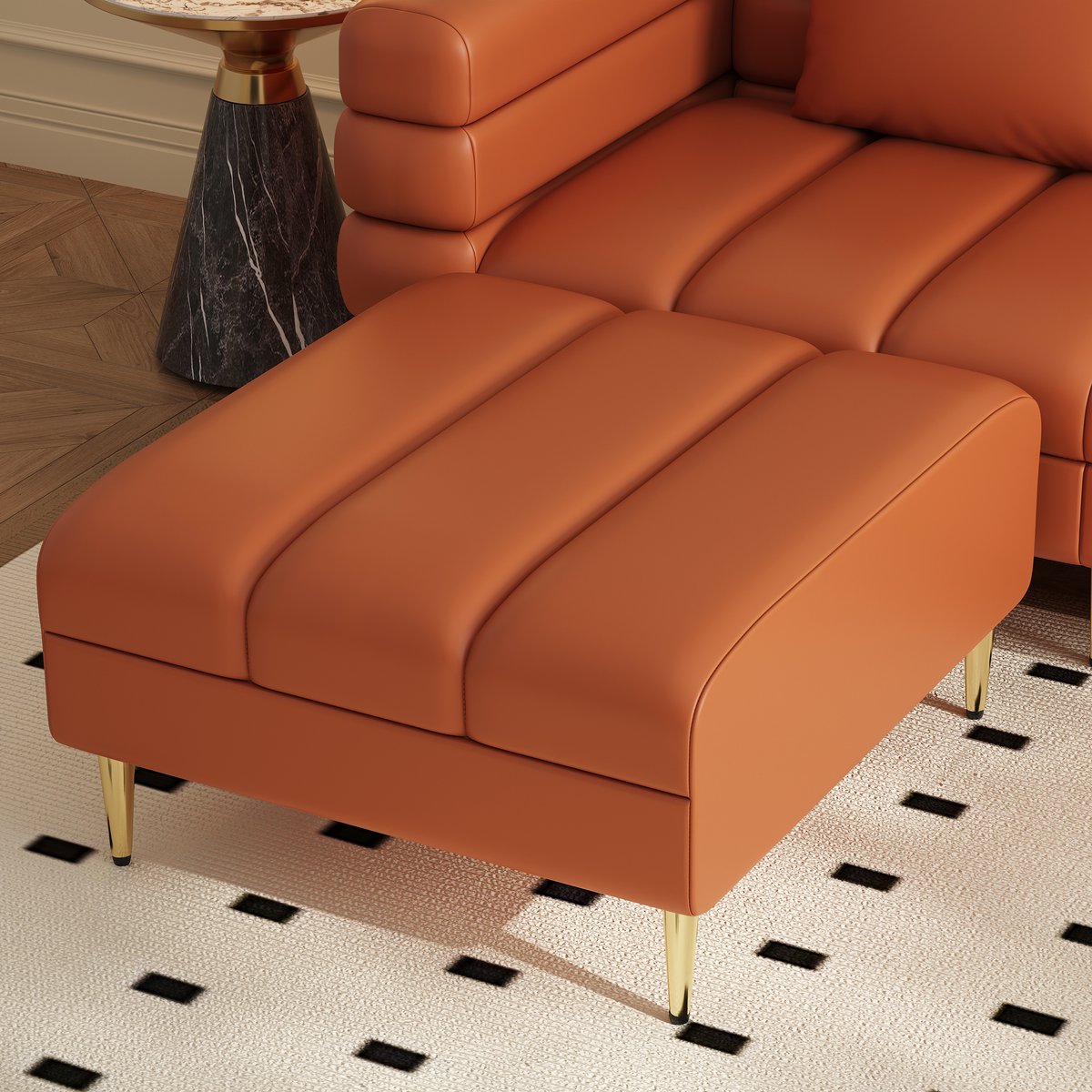 Canapé sectionnel Axial de 231 cm en cuir performant 2 pièces avec pouf, pieds dorés et oreillers image de fenêtre