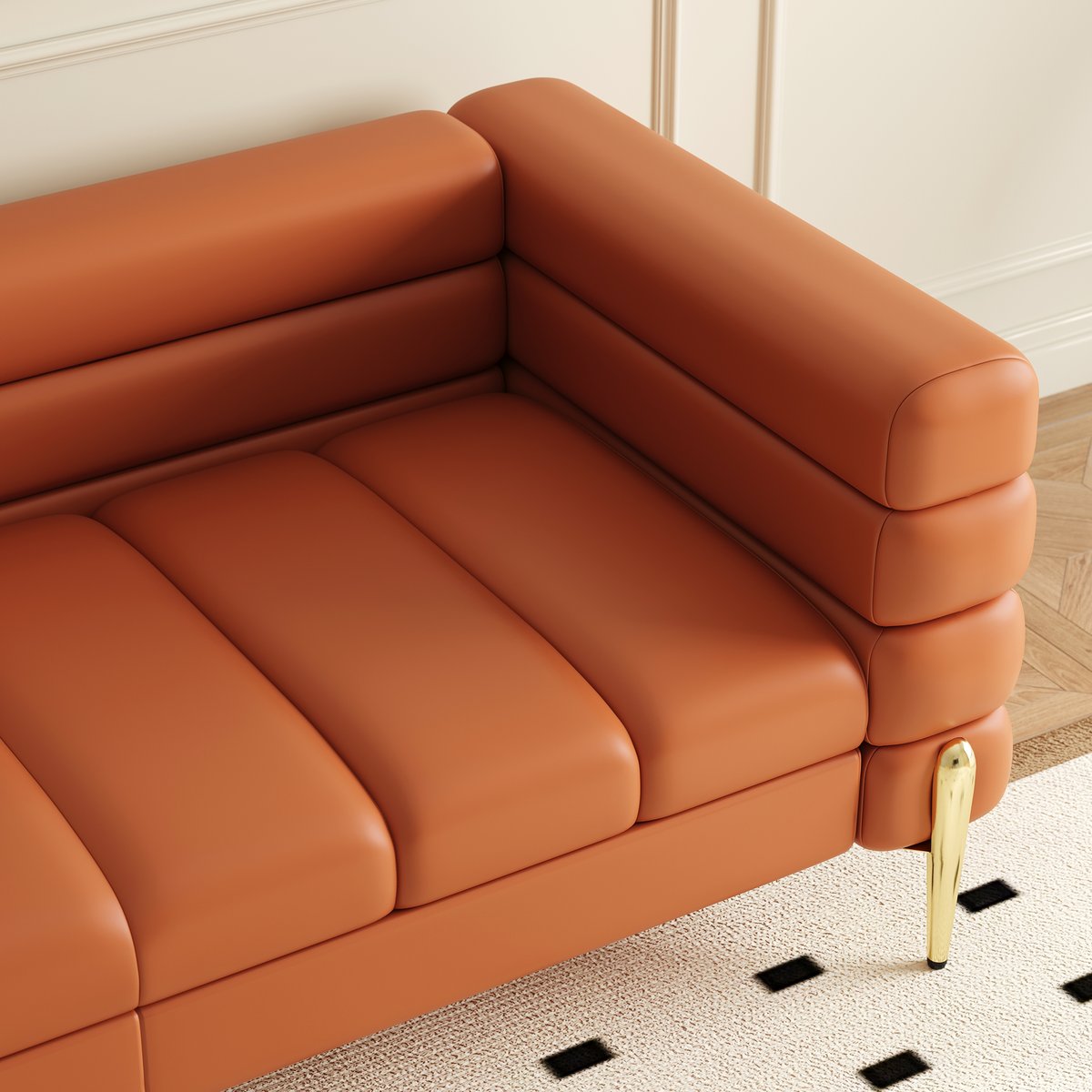 Canapé sectionnel Axial de 231 cm en cuir performant 2 pièces avec pouf, pieds dorés et oreillers image de fenêtre