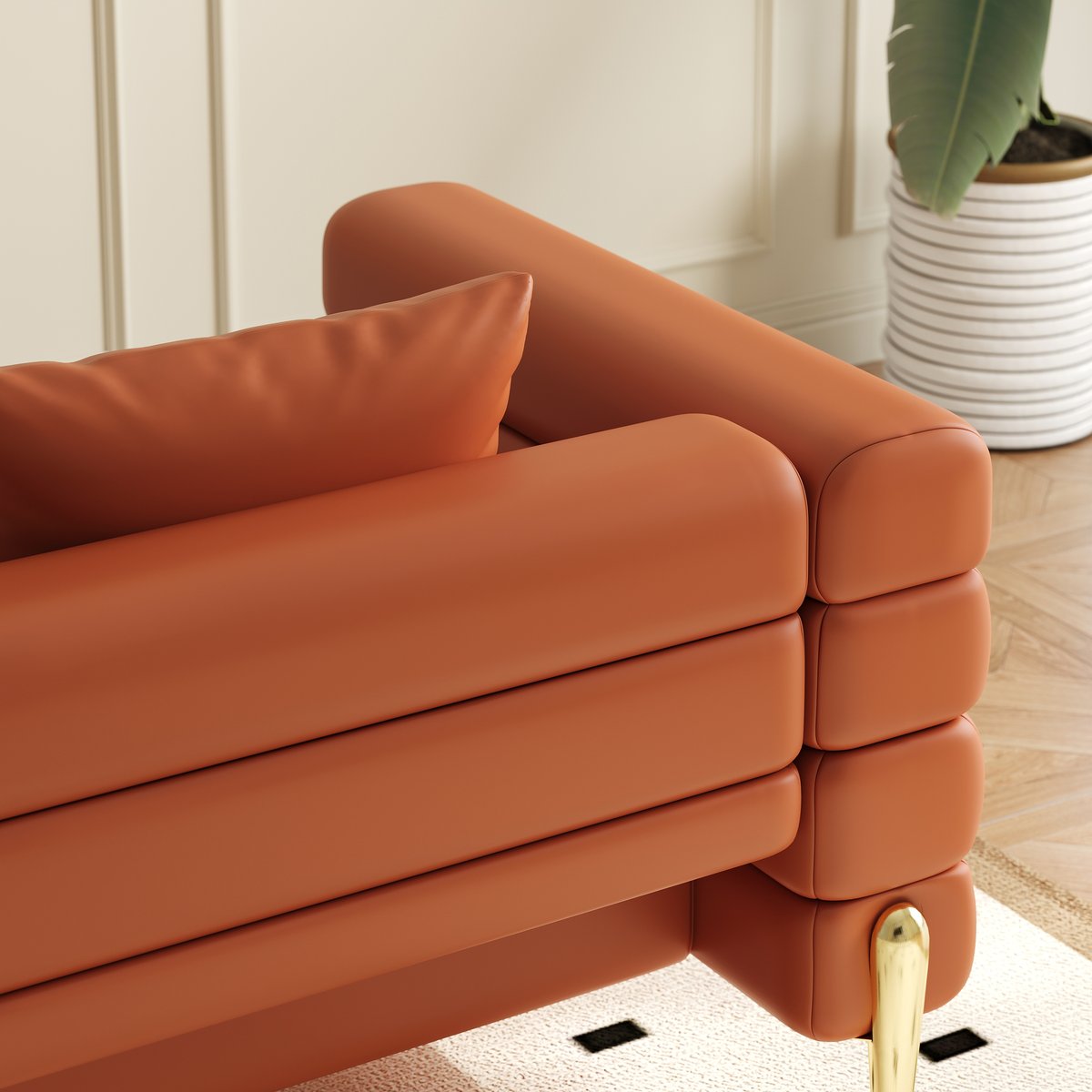 Canapé sectionnel Axial de 231 cm en cuir performant 2 pièces avec pouf, pieds dorés et oreillers image de fenêtre