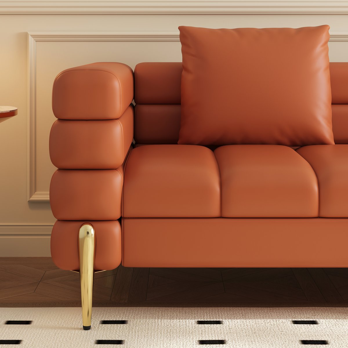 Canapé sectionnel Axial de 231 cm en cuir performant 2 pièces avec pouf, pieds dorés et oreillers image de fenêtre