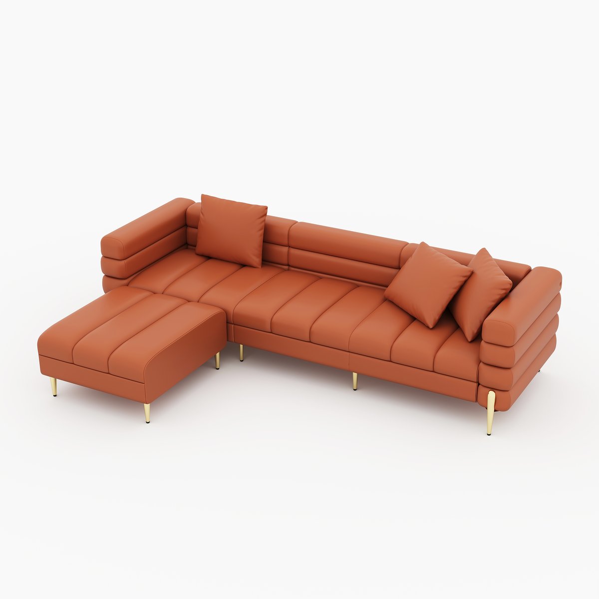 Canapé sectionnel Axial de 231 cm en cuir performant 2 pièces avec pouf, pieds dorés et oreillers image de fenêtre
