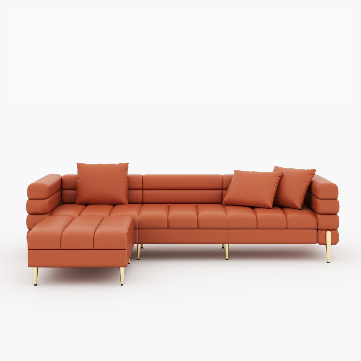 Canapé sectionnel Axial de 231 cm en cuir performant 2 pièces avec pouf, pieds dorés et oreillers image de fenêtre