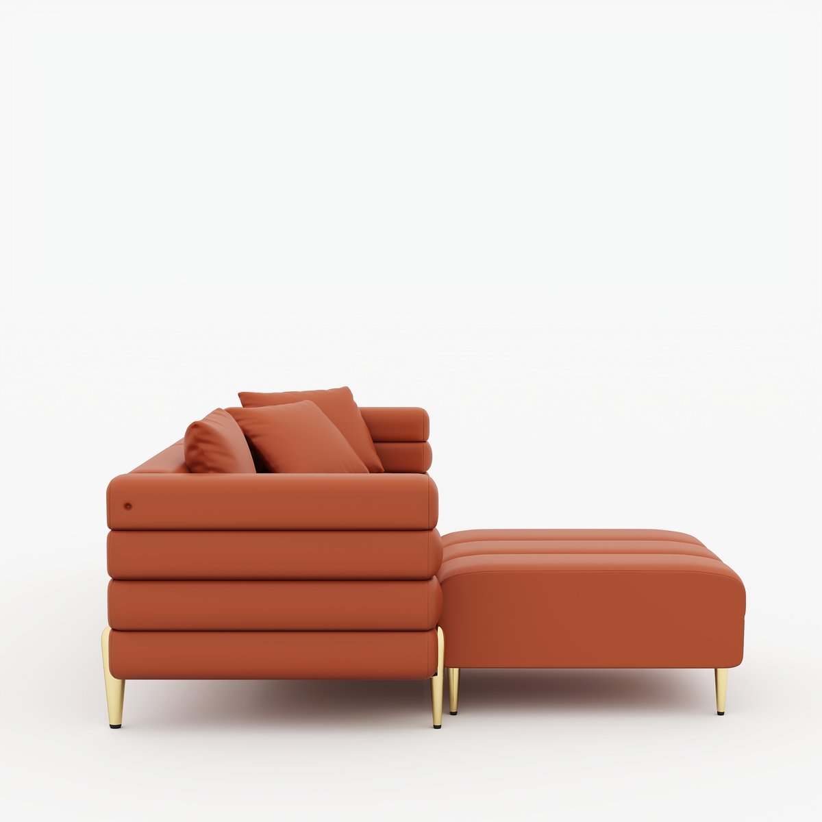 Canapé sectionnel Axial de 231 cm en cuir performant 2 pièces avec pouf, pieds dorés et oreillers image de fenêtre