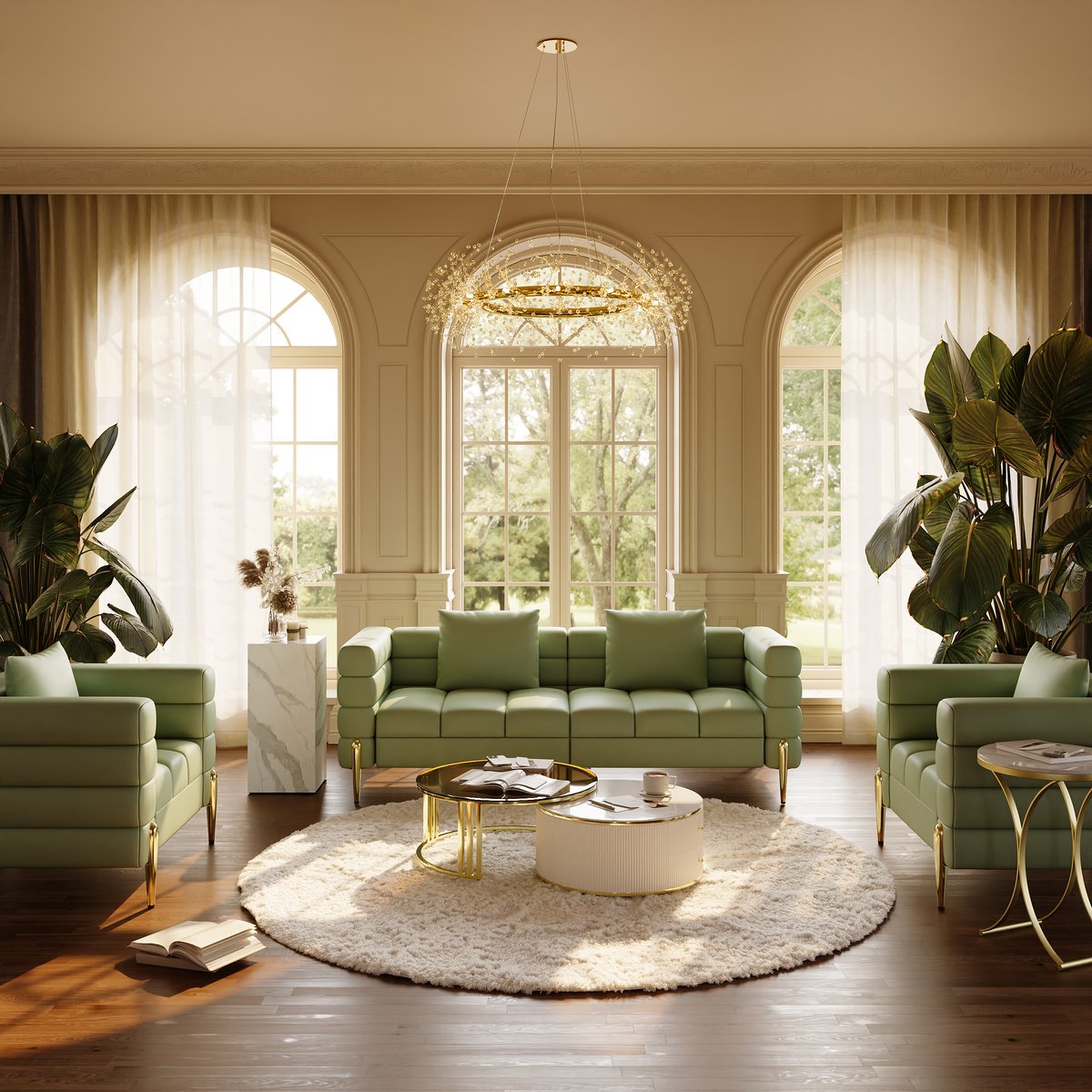 Fauteuil d'appoint Axial performance en cuir canapé cannelé 200 cm avec pieds et coussins dorés image de fenêtre