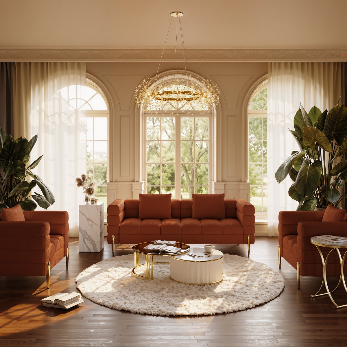 Fauteuil d'appoint rembourré Axial boucle canapé cannelé 200 cm avec pieds et coussins dorés image de fenêtre