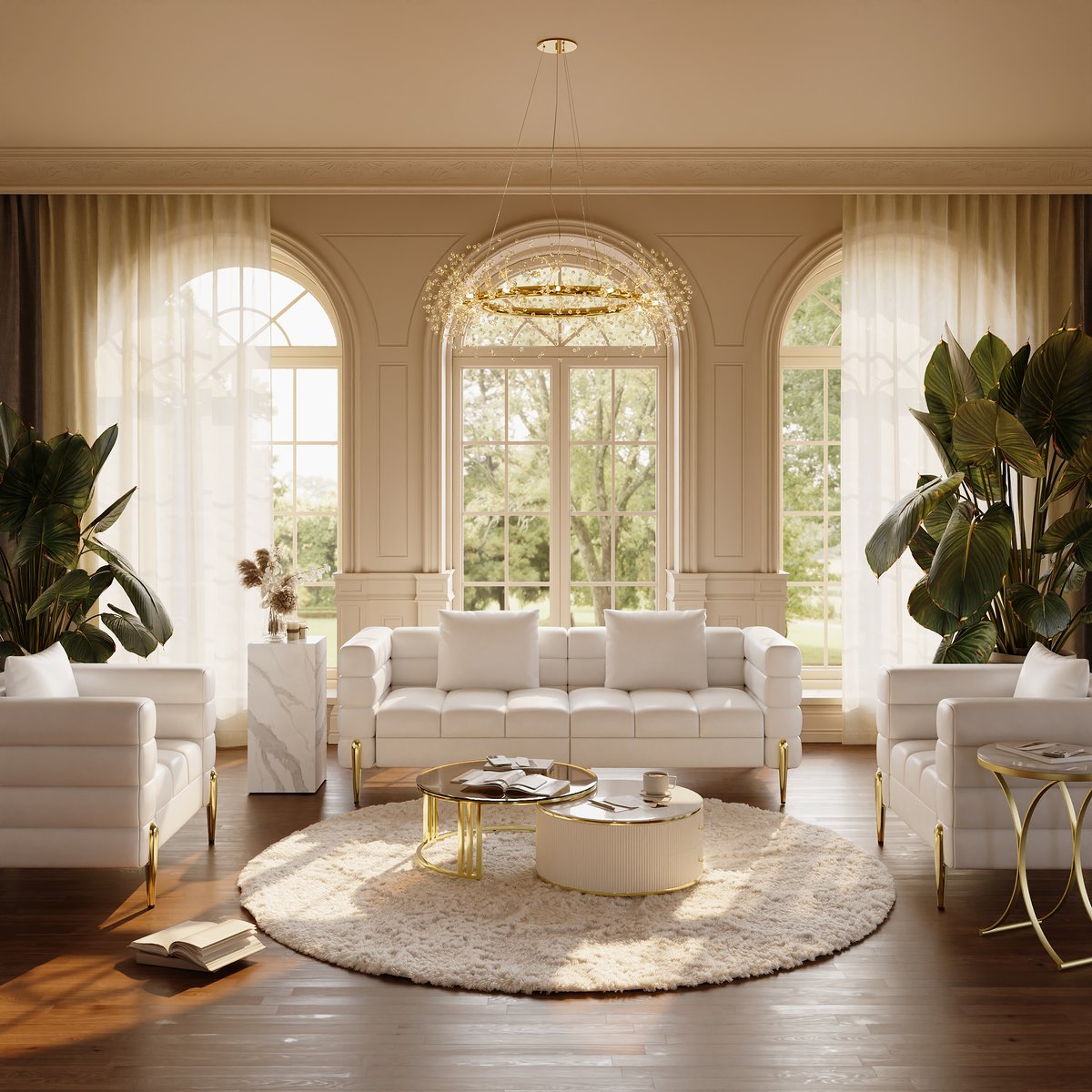 Fauteuil d'appoint Axial performance en cuir canapé cannelé 200 cm avec pieds et coussins dorés image de fenêtre