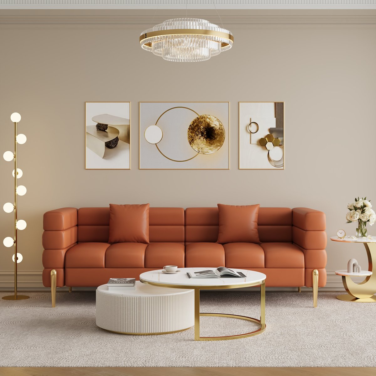 Fauteuil d'appoint Axial performance en cuir canapé cannelé 200 cm avec pieds et coussins dorés image de fenêtre