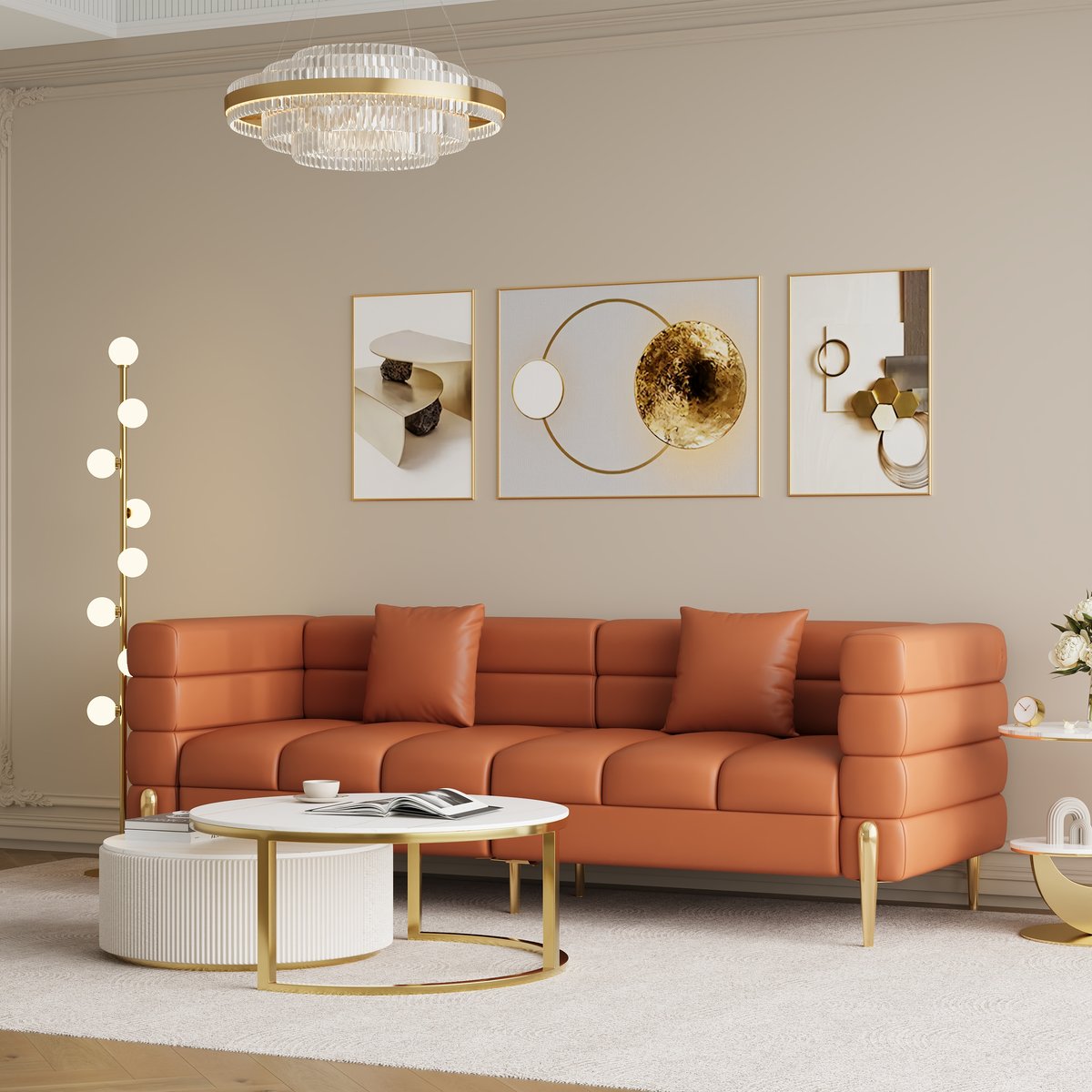 Fauteuil d'appoint Axial performance en cuir canapé cannelé 200 cm avec pieds et coussins dorés image de fenêtre