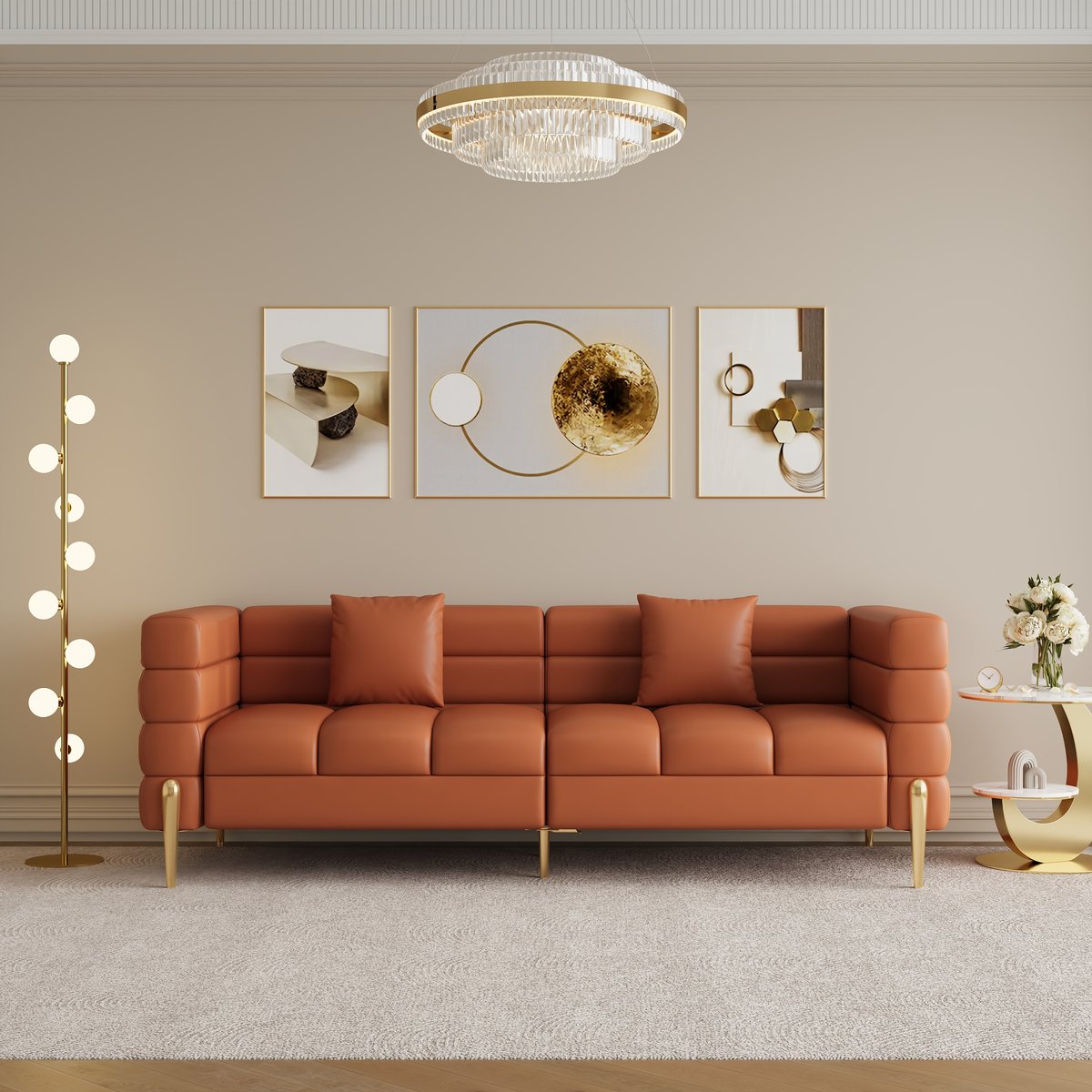 Fauteuil d'appoint Axial performance en cuir canapé cannelé 200 cm avec pieds et coussins dorés image de fenêtre