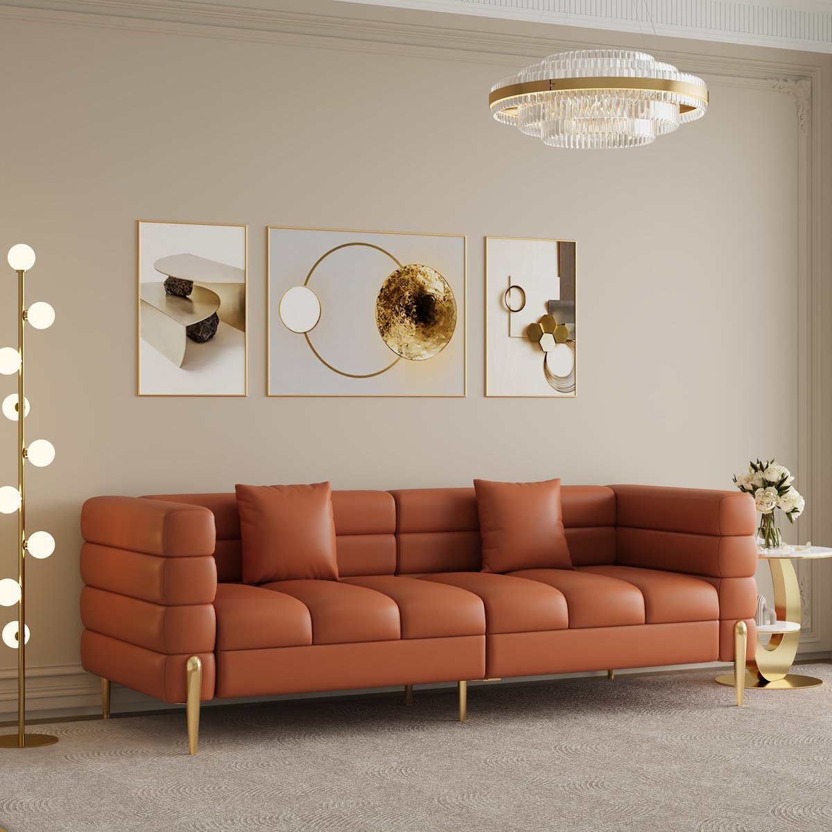 Fauteuil d'appoint Axial performance en cuir canapé cannelé 200 cm avec pieds et coussins dorés image de fenêtre