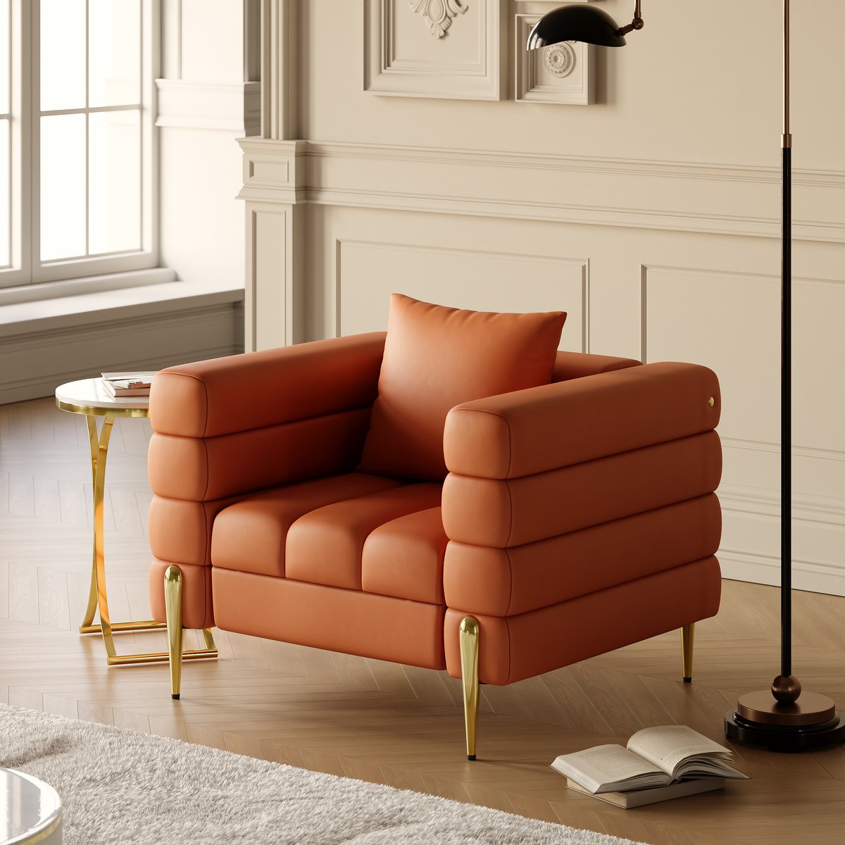 Fauteuil d'appoint Axial performance en cuir canapé cannelé 200 cm avec pieds et coussins dorés image de fenêtre
