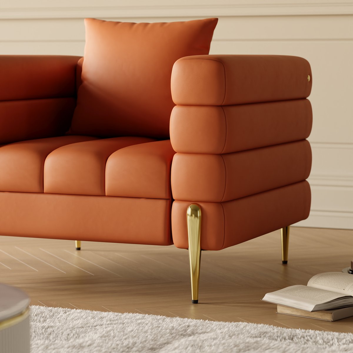 Fauteuil d'appoint Axial performance en cuir canapé cannelé 200 cm avec pieds et coussins dorés image de fenêtre