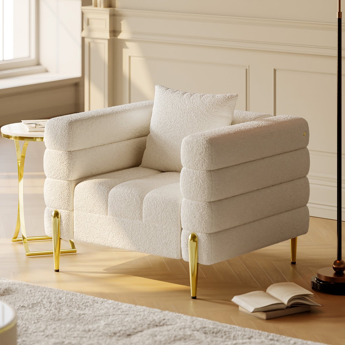Fauteuil d'appoint Axial tissu bouclé avec pieds finition dorée image de fenêtre