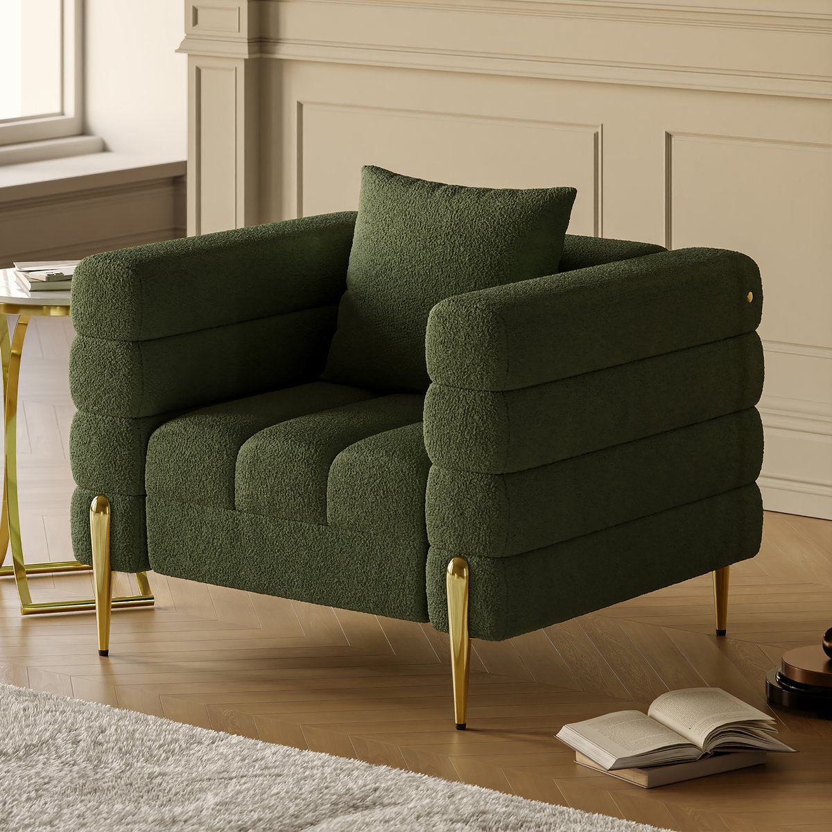 Fauteuil d'appoint Axial tissu bouclé avec pieds finition dorée image de fenêtre